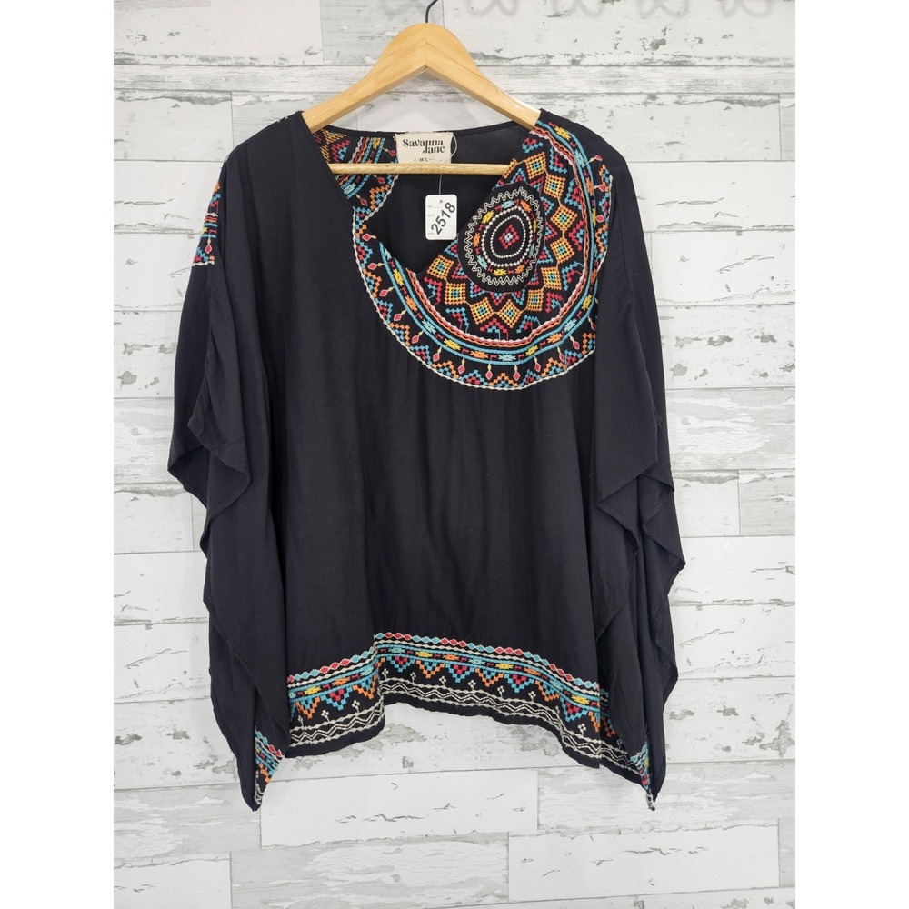 Savanna Jane Black Embroidered Boho Poncho Top V-Neck Rayon M/L